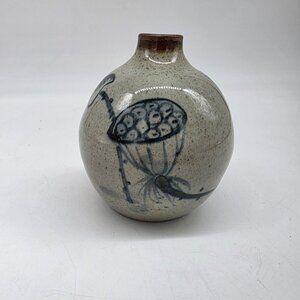 Handcrafted Round Ceramic Vase With Blue Abstract Floral Design 4.5"